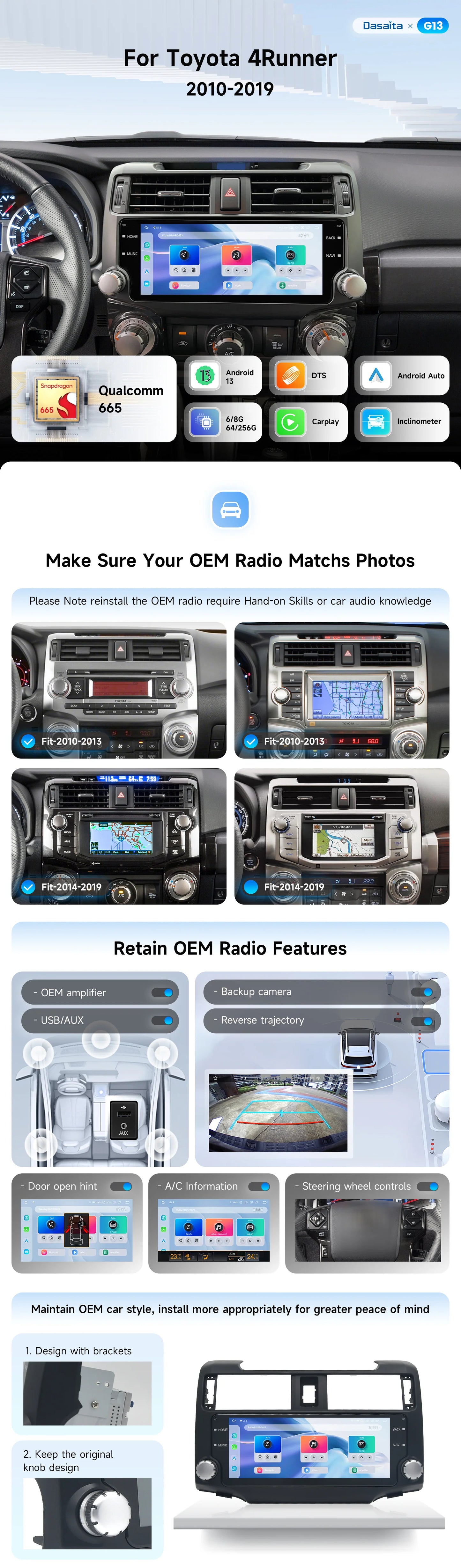 Dasaita 10.25" Autoradio per Toyota 4Runner 2010-2019 con CarPlay e Android Auto 