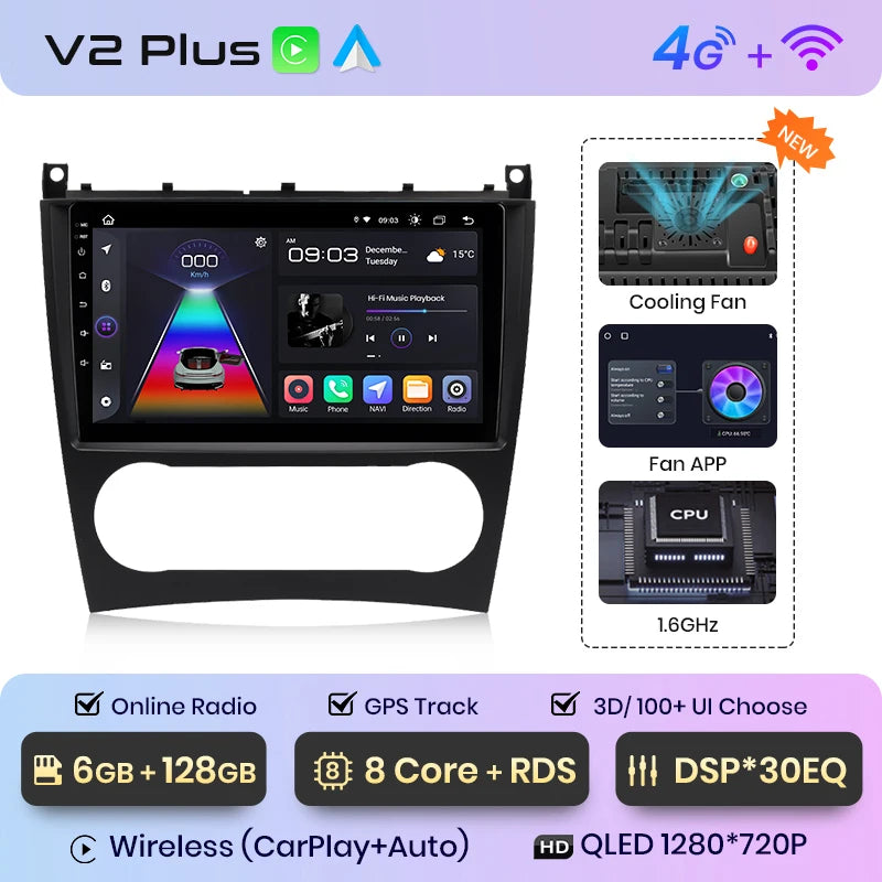 Junsun V1 Wireless CarPlay Android Auto Radio for Mercedes C-Class W203 2005-2009 C230 GPS 9" 2din Autoradio