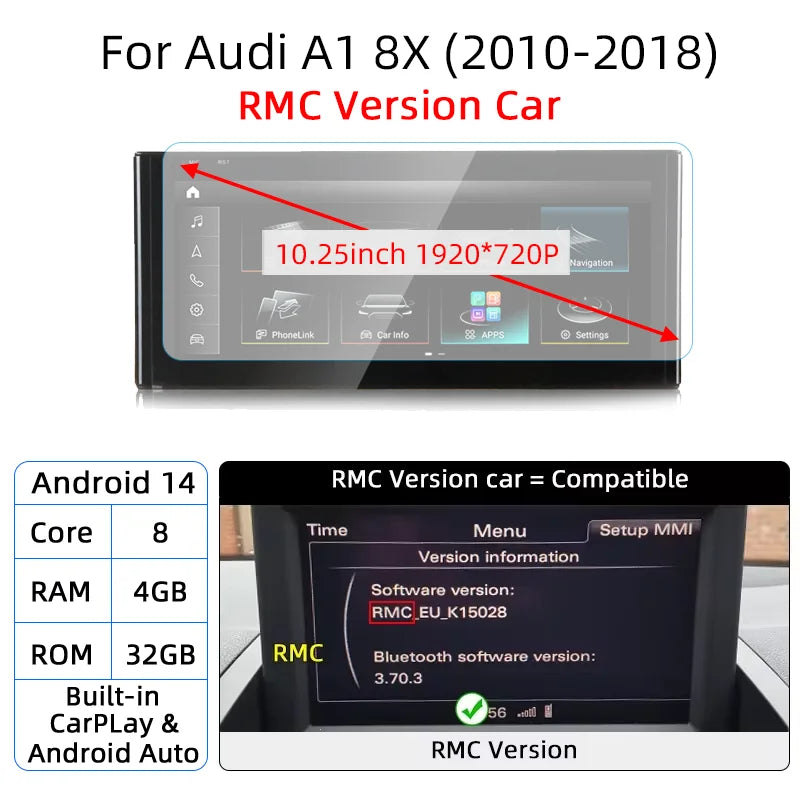 Android 14 CarPlay Doppio Din 10.25" per Audi A1 Q2