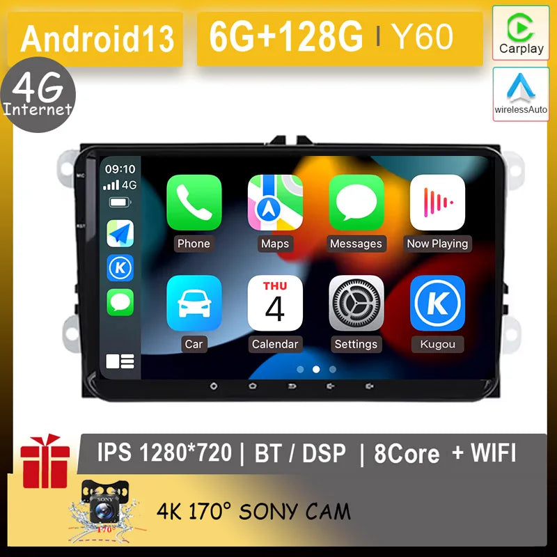 Radio 9" 2 Din para VW Caddy 2011-2019 – CarPlay, GPS, 360° Vista