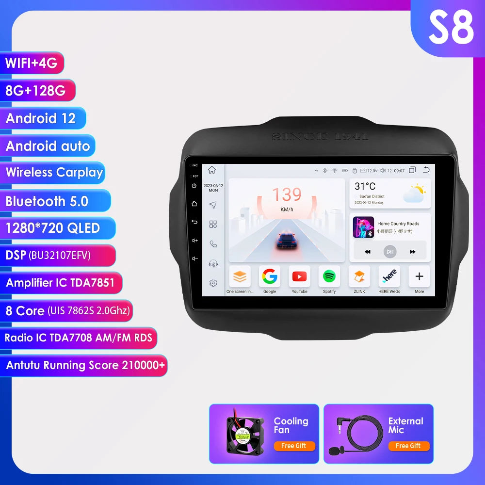Autoradio 2DIN da 9" con Android 13 per Jeep Renegade 2016-2020