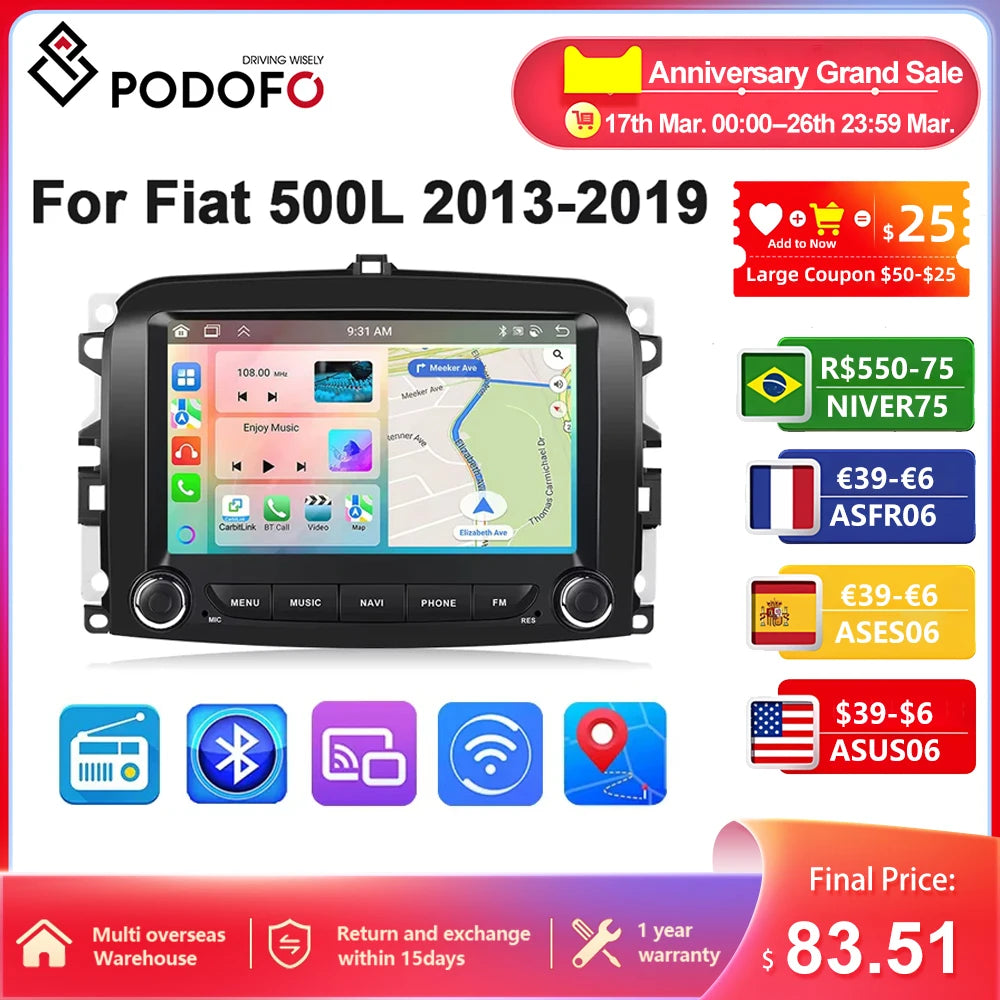 7" 2DIN Car Stereo for Fiat 500L 2013-2019 with CarPlay and Android Auto
