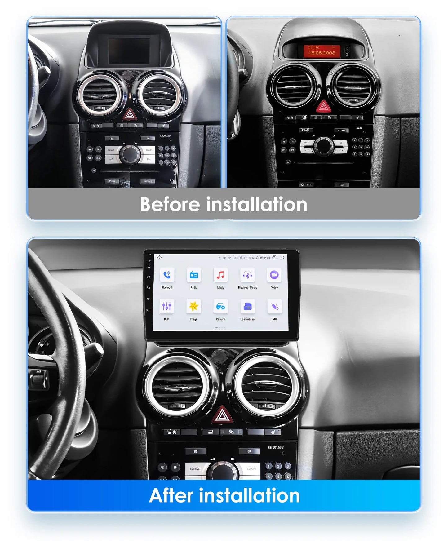 Autoradio 9'' 2Din Android 13 per Opel Corsa D 2007-2013 - CarPlay, GPS, 4G, Wi-Fi, 8 GB+128 GB