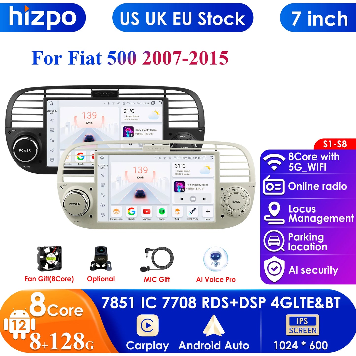 7 Inch 7862 AI 2din Android 13 Car Radio for Fiat 500 2007-2014 with GPS, CarPlay and 4G