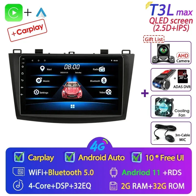 Stereo Mazda 3 2009-2013, 9" Android 12 Double Din, GPS Navigation