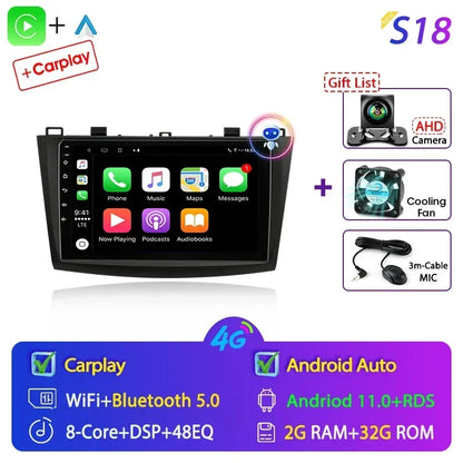 Stereo Mazda 3 2009-2013, 9" Android 12 Double Din, GPS Navigation