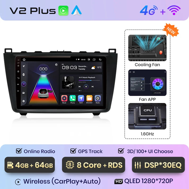 Car radio 9" 2DIN Android 12 for Mazda 6 2007-2012