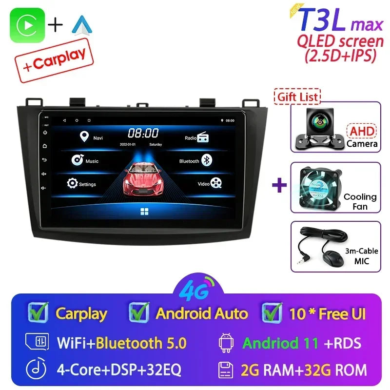 Stereo Mazda 3 2009-2013, 9" Android 12 Double Din, GPS Navigation