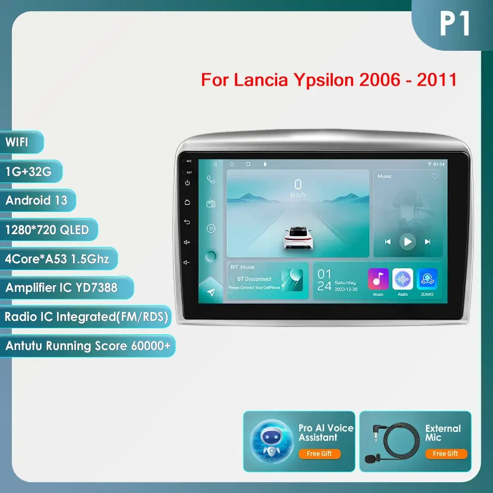 Autoradio 9" 2DIN Android 13 para Lancia Ypsilon 2006-2011