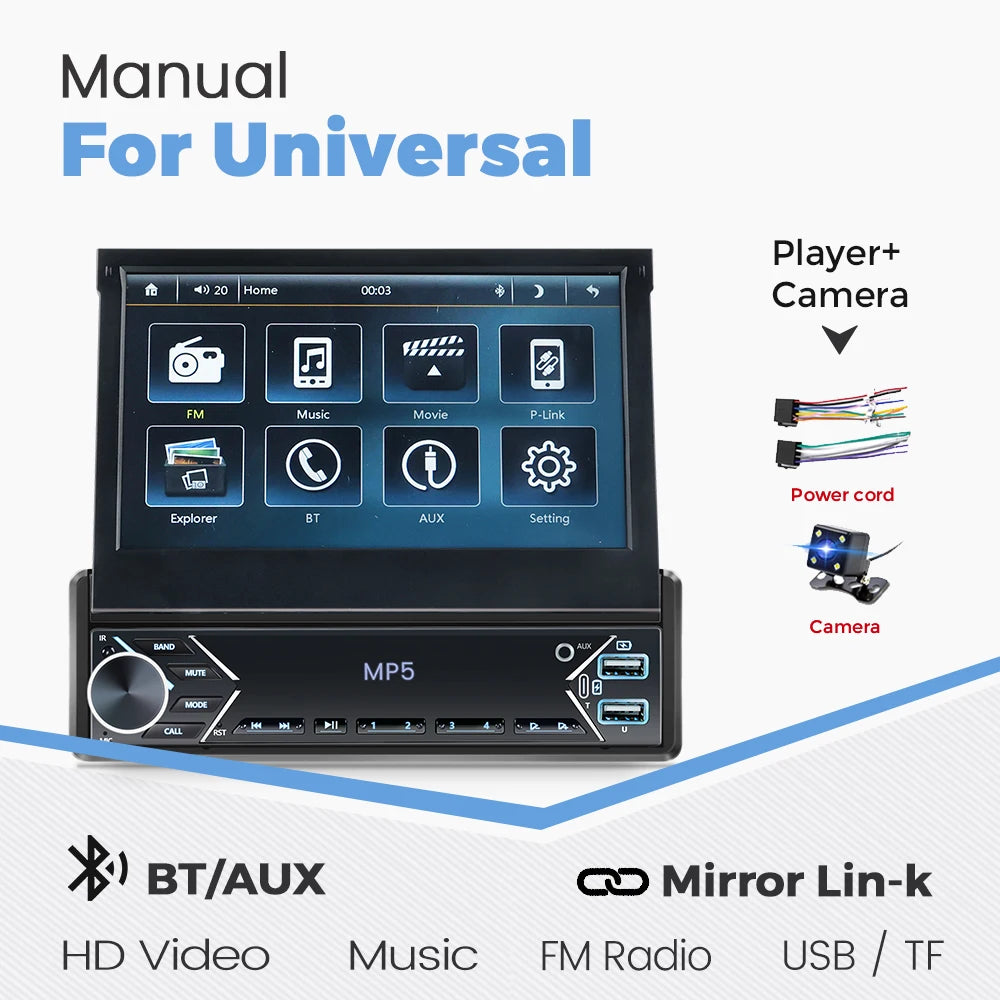 7" Universal Retractable Car Radio, Carplay and Android Auto