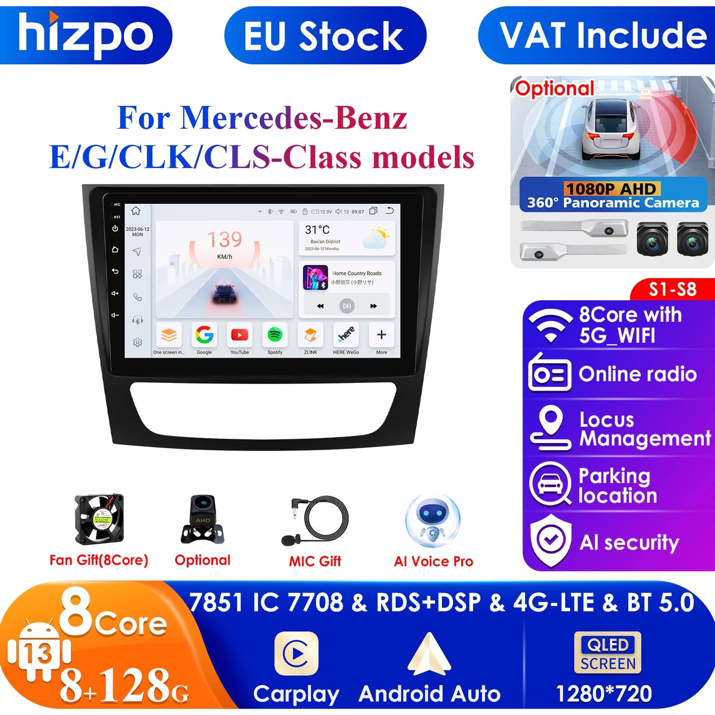 Autoradio Android 12, 9" para Mercedes E-class 2002-2009