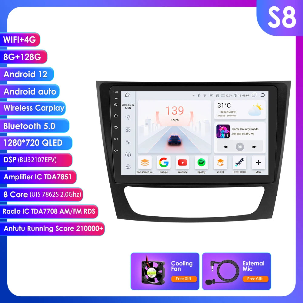 Autoradio Android 12, 9" para Mercedes E-class 2002-2009