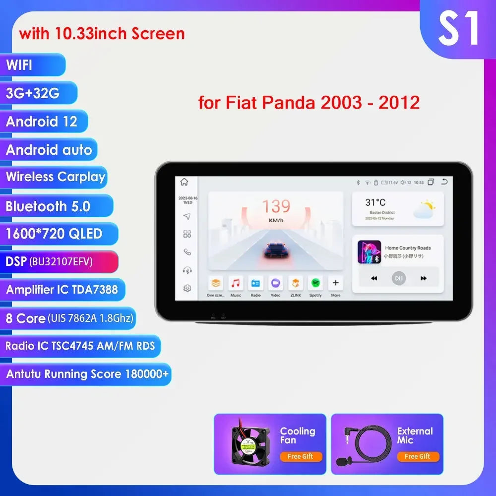 Autoradio GPS Android CarPlay da 9" per Fiat Panda 2003-2012