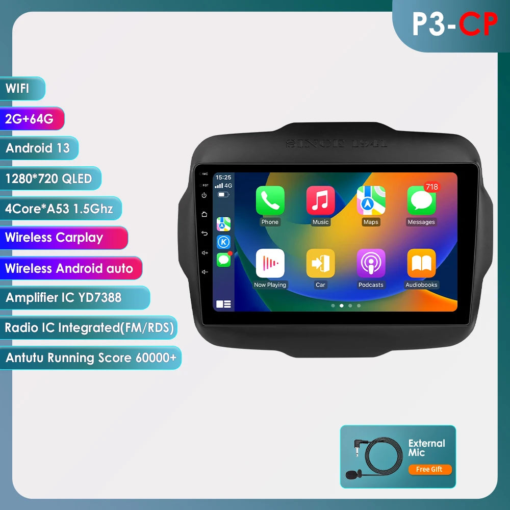 Autoradio 2DIN da 9" con Android 13 per Jeep Renegade 2016-2020
