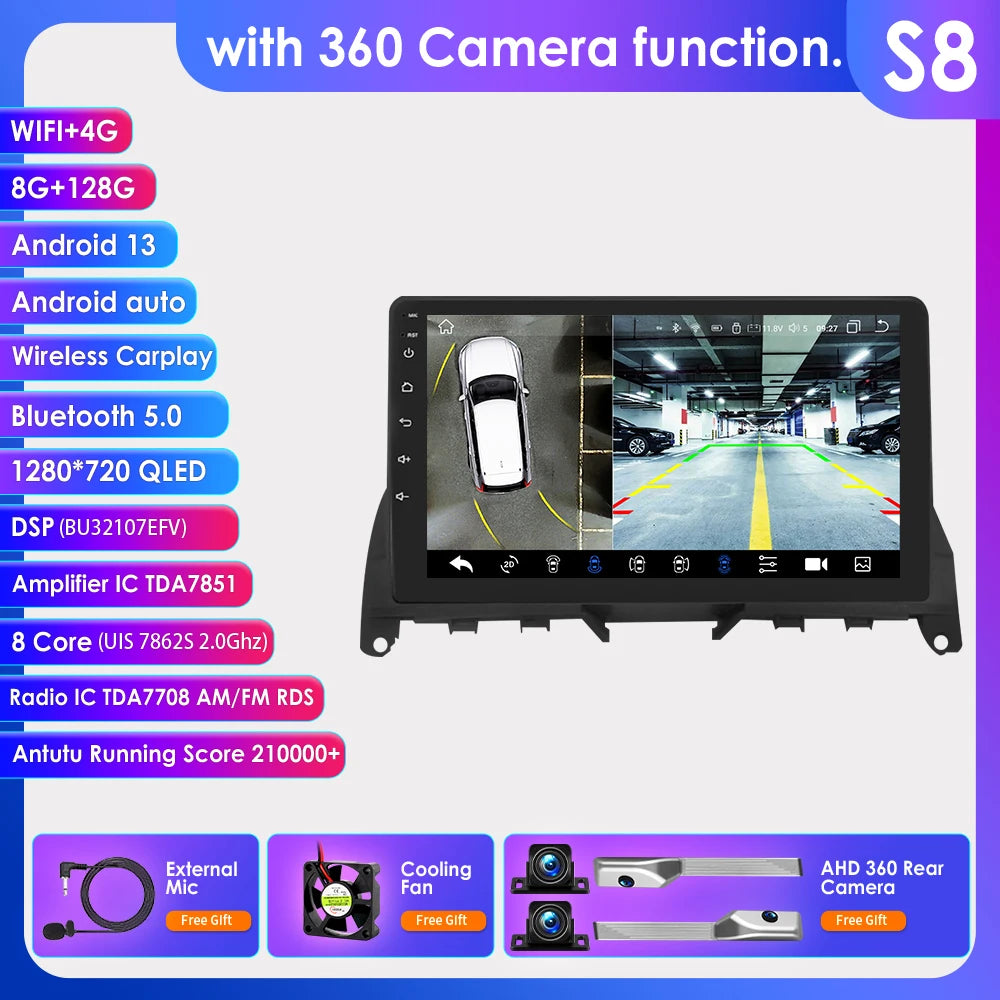 Autoradio 9" 2 Din Android 13 per Mercedes Benz Classe C W204 S204 2007-2010