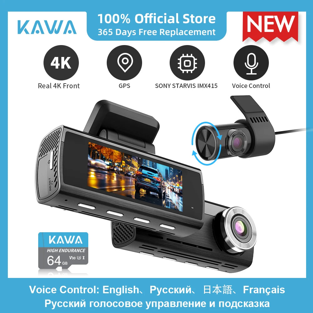 Dashcam KAWA D8 4K con Dual-Cam y GPS, 3-5'' AutoRadioCanario