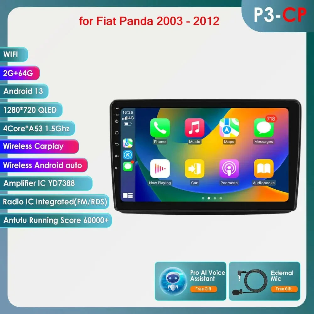 Autoradio GPS Android CarPlay da 9" per Fiat Panda 2003-2012