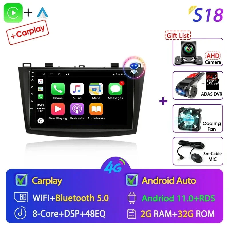 Stereo Mazda 3 2009-2013, 9" Android 12 Double Din, GPS Navigation