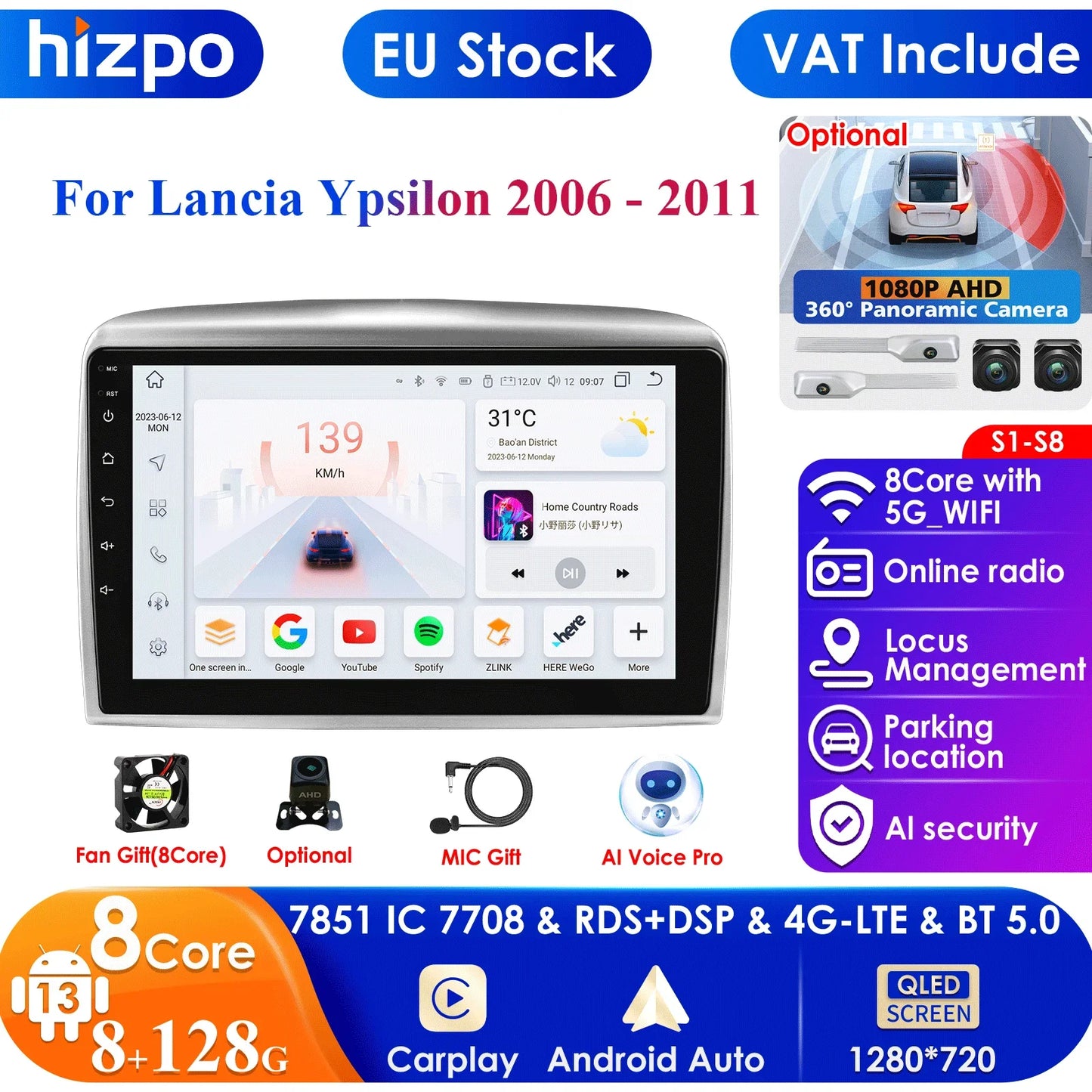 Autoradio 9" 2DIN Android 13 para Lancia Ypsilon 2006-2011