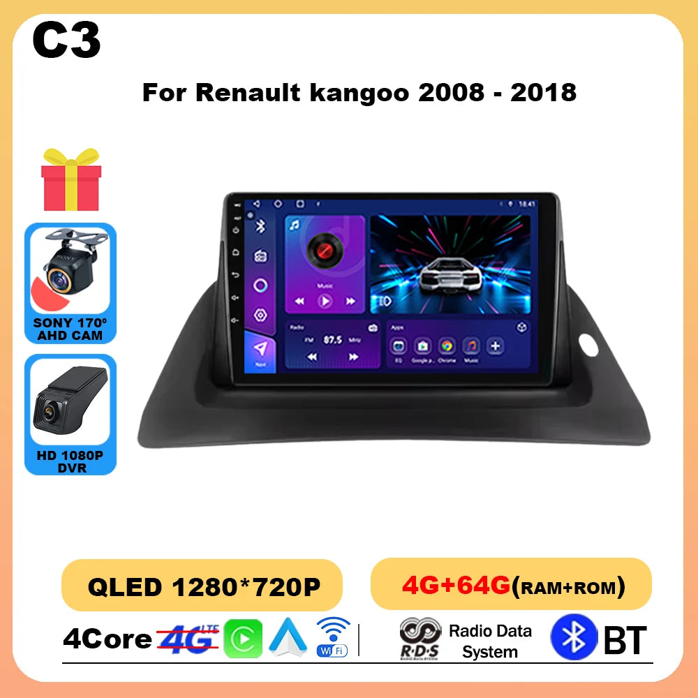 Autoradio 9'' Android 14 para Renault Kangoo 2008-2018 - CarPlay, GPS, 4G, BT