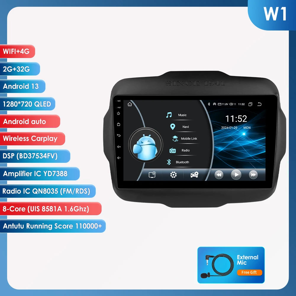 Autoradio 2DIN da 9" con Android 13 per Jeep Renegade 2016-2020