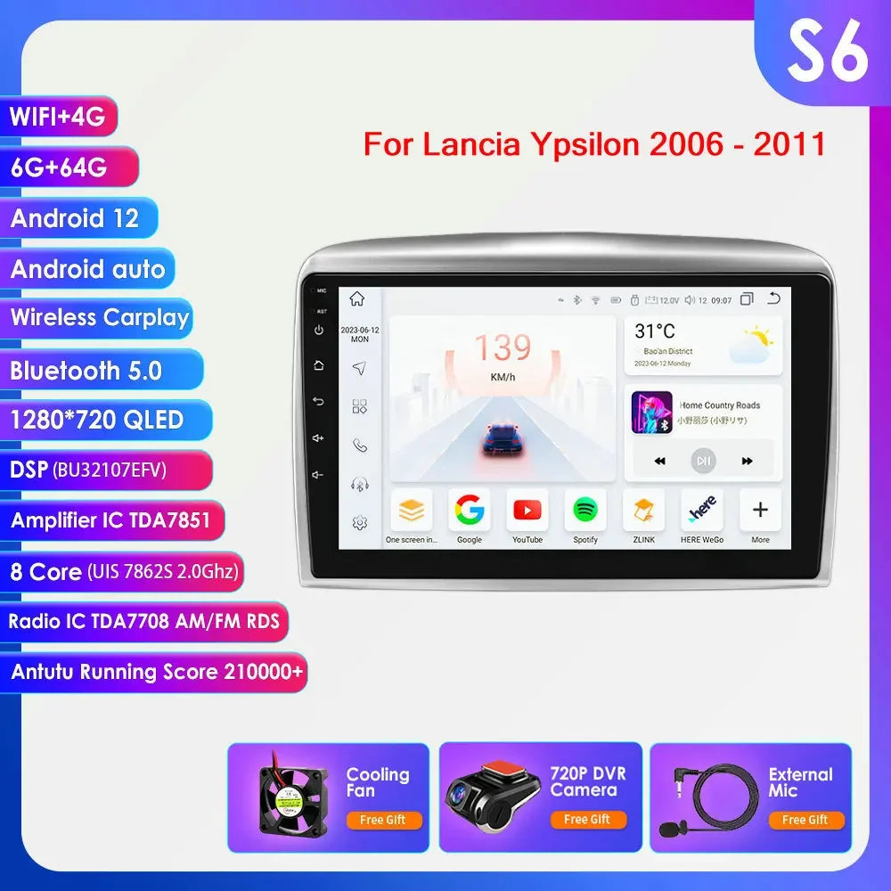 Autoradio 9" 2DIN Android 13 para Lancia Ypsilon 2006-2011