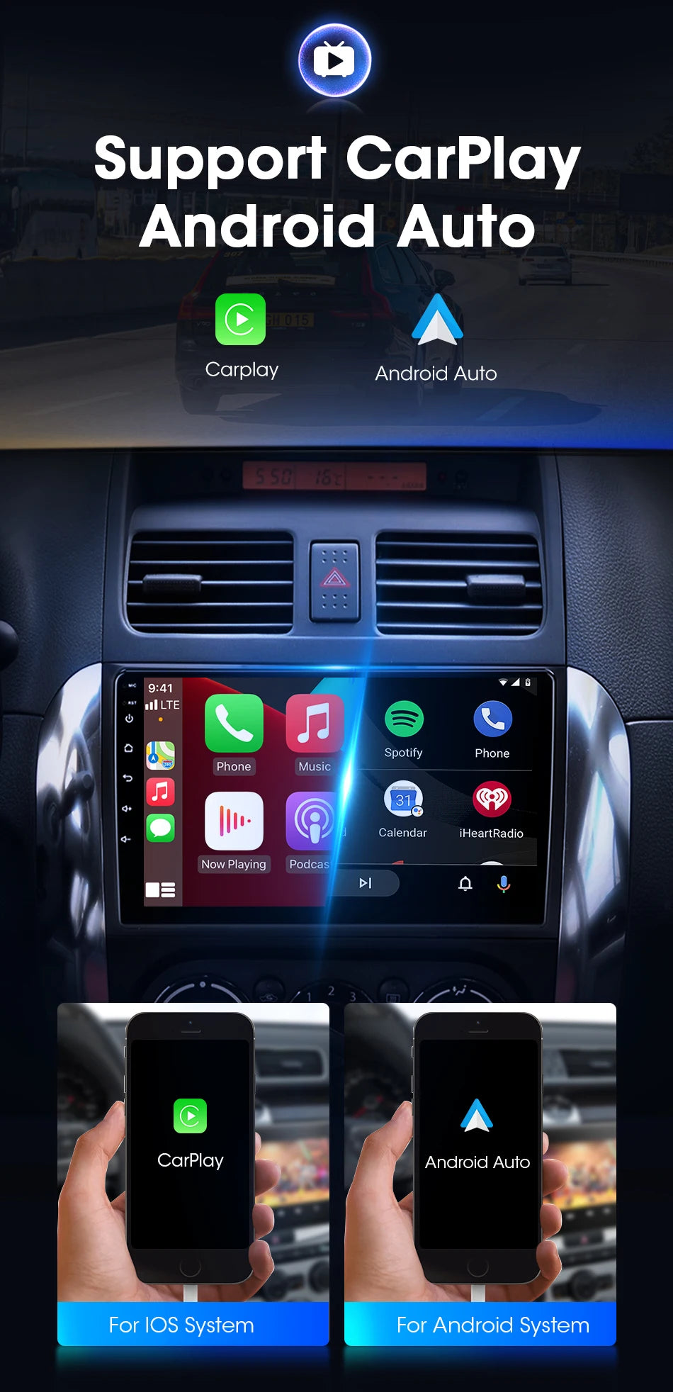 Srnubi 9" Android Autoradio, 2 Din, CarPlay per Suzuki SX4 2006-2014