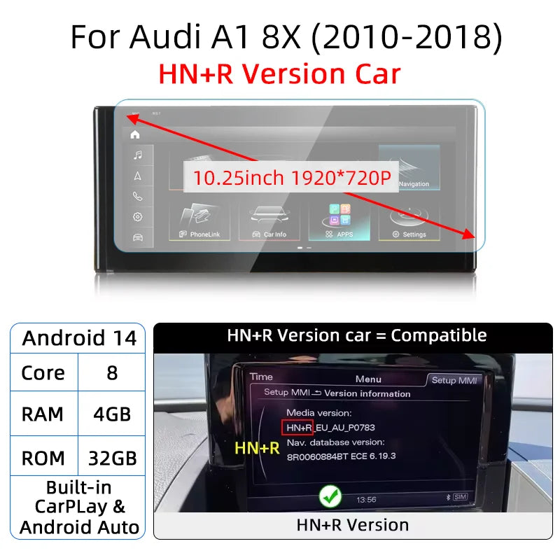 Android 14 CarPlay Doppio Din 10.25" per Audi A1 Q2