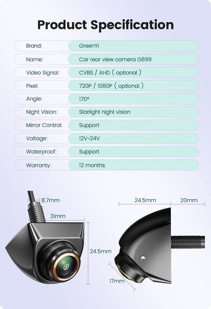GreenYi 1080P 170° AHD Rear View Camera for Vehicles
