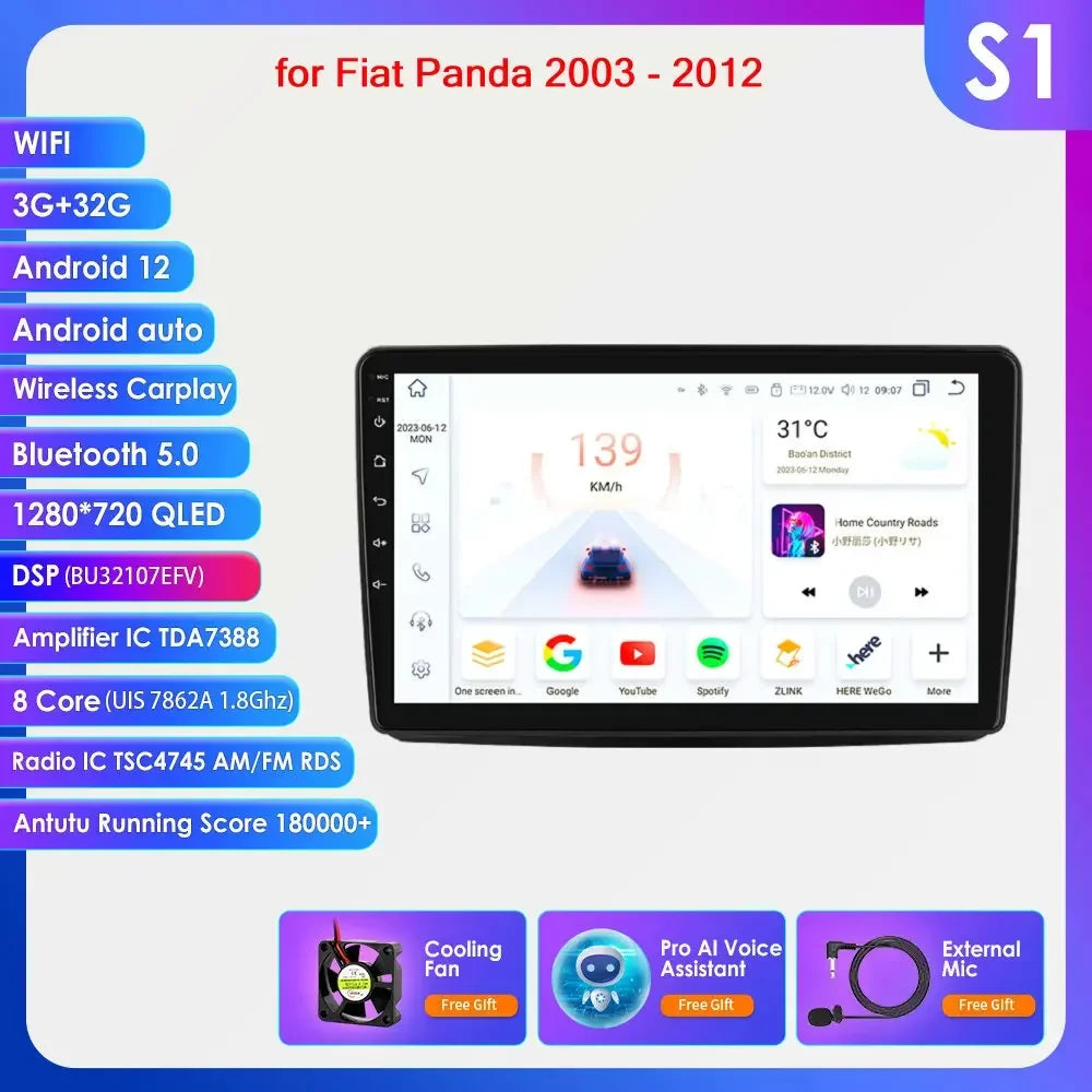 Autoradio GPS Android CarPlay da 9" per Fiat Panda 2003-2012