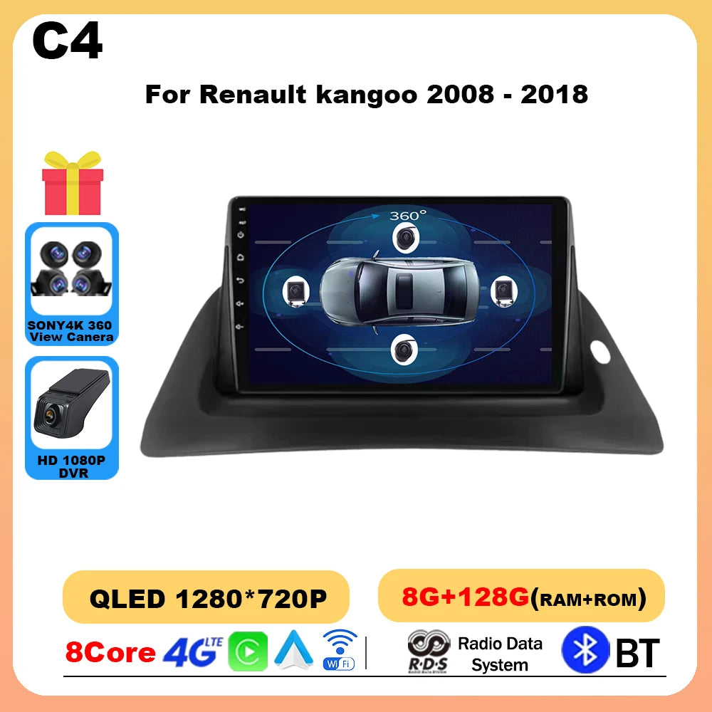 Autoradio 9'' Android 14 para Renault Kangoo 2008-2018 - CarPlay, GPS, 4G, BT