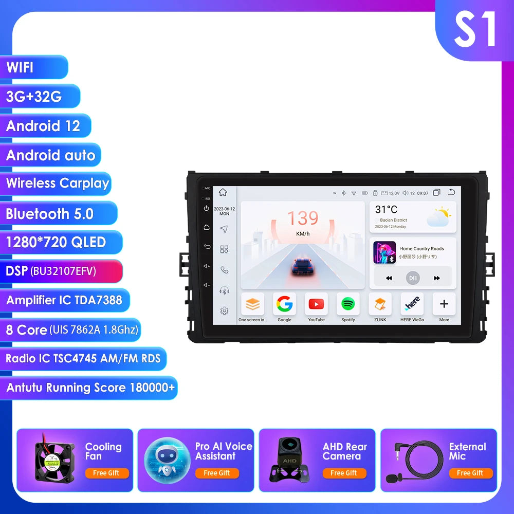 9" 2DIN Android 13 Car Stereo for VW T-Roc T-Cross Polo 2018-2021