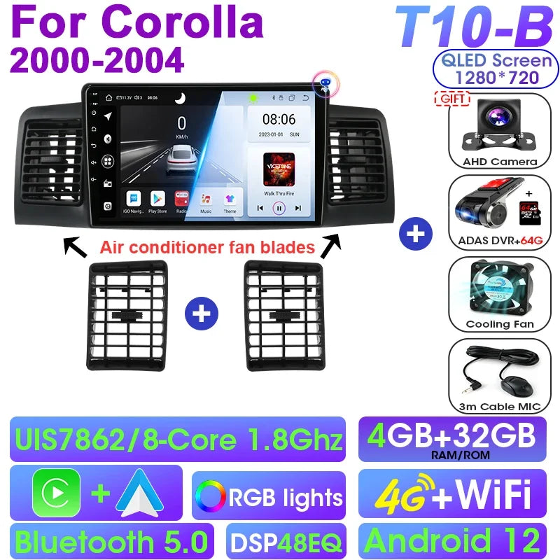 Android 12 9" 2DIN Car Stereo for Toyota Corolla 2000-2004 - CarPlay, GPS &amp; More