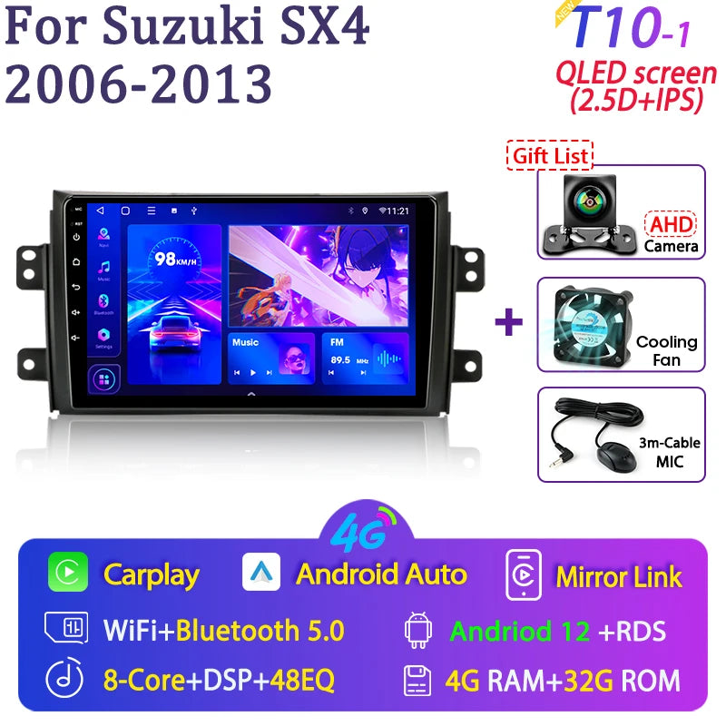 Srnubi 9" Android Autoradio, 2 Din, CarPlay per Suzuki SX4 2006-2014