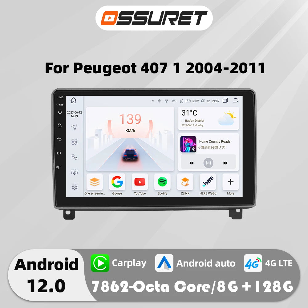 Autoradio GPS da 9" Peugeot 407 CC SW 2004-2011 CarPlay 2DIN