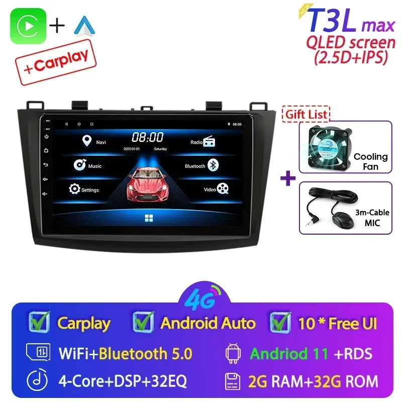 Stereo Mazda 3 2009-2013, 9" Android 12 Double Din, GPS Navigation