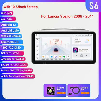 Autoradio 9" 2DIN Android 13 para Lancia Ypsilon 2006-2011
