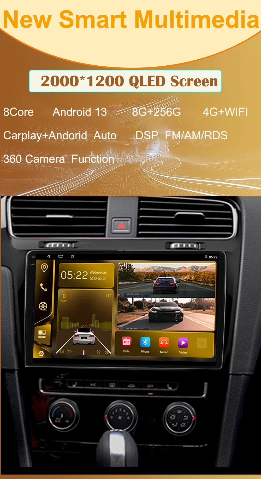 Radio 9" 2 Din para VW Caddy 2011-2019 – CarPlay, GPS, 360° Vista