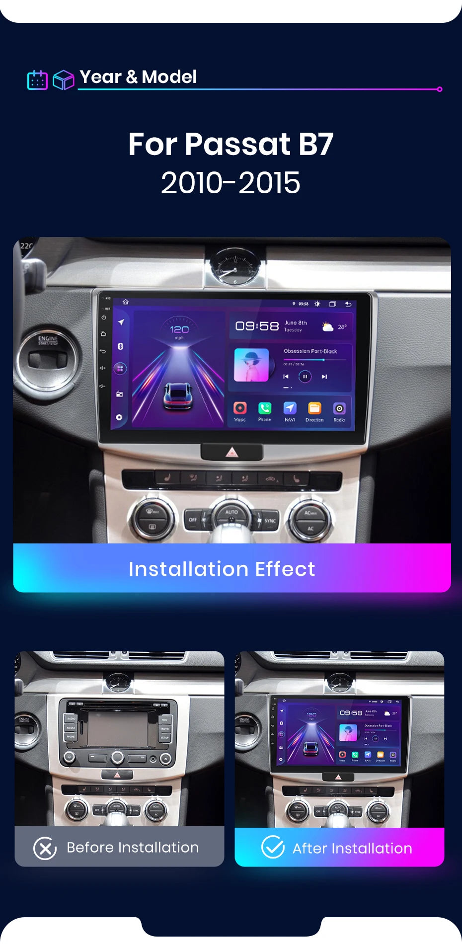 Junsun V1 AI Voice Wireless CarPlay 10" 2DIN para VW Passat B6 B7 CC 2010-2015