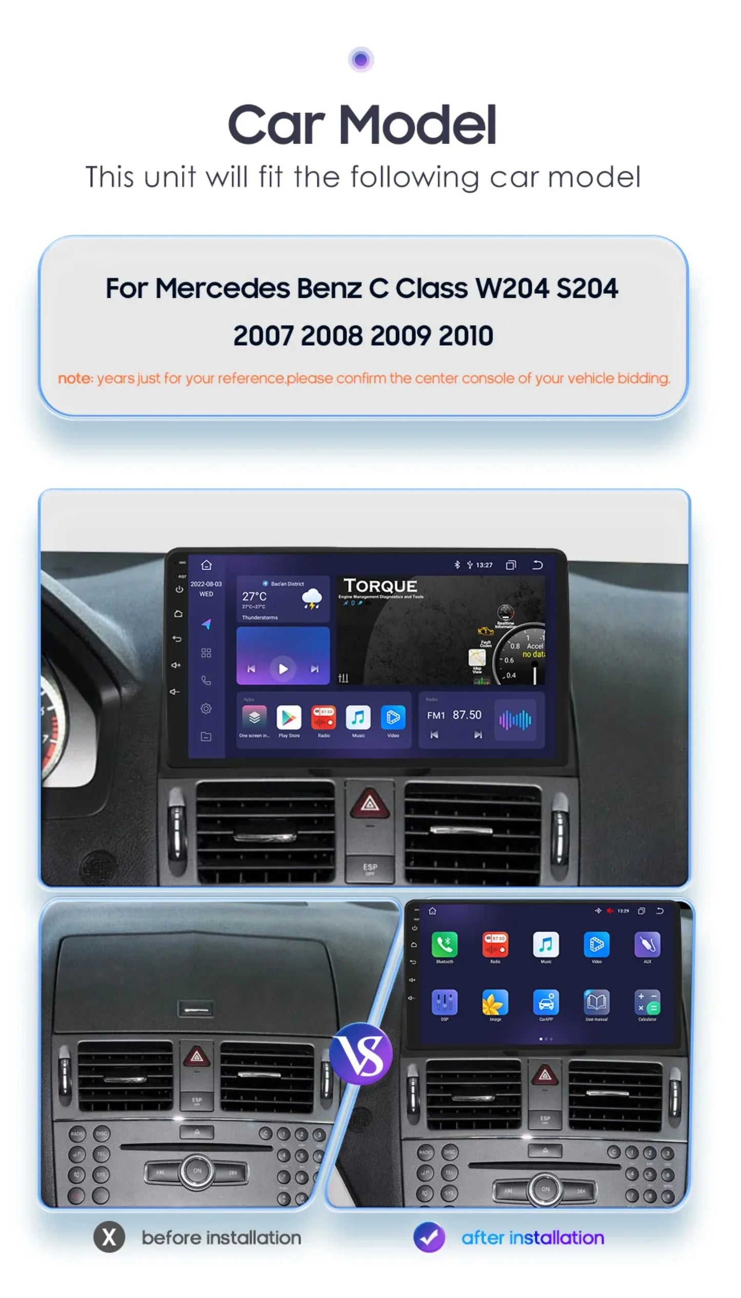 Autoradio 9" 2 Din Android 13 per Mercedes Benz Classe C W204 S204 2007-2010