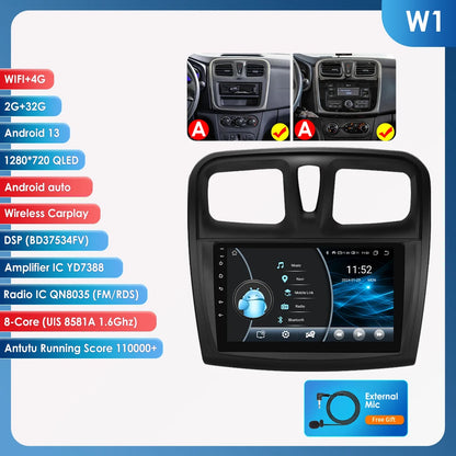 Autoradio 9" Android 13 for Dacia/Renault Logan 2 and Sandero 2012-2019, Multimedia GPS Stereo 4G, Carplay 2 Din