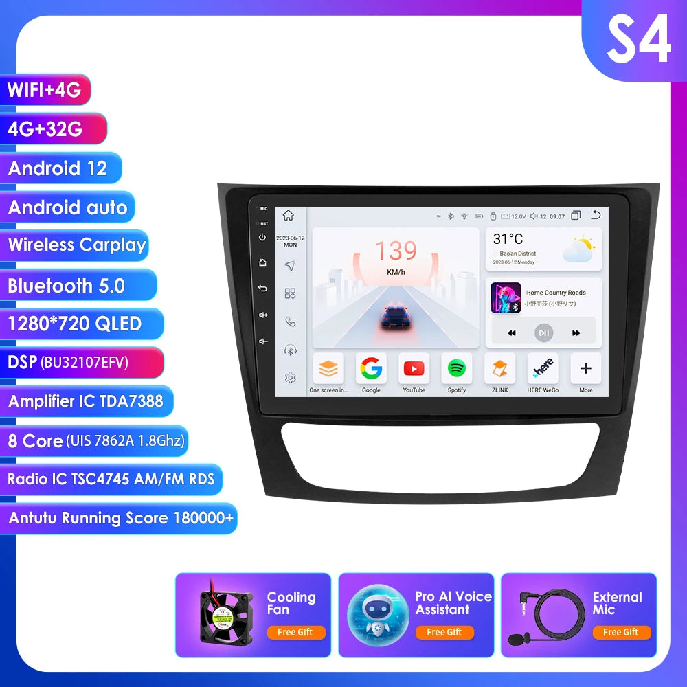Autoradio Android 12, 9" para Mercedes E-class 2002-2009