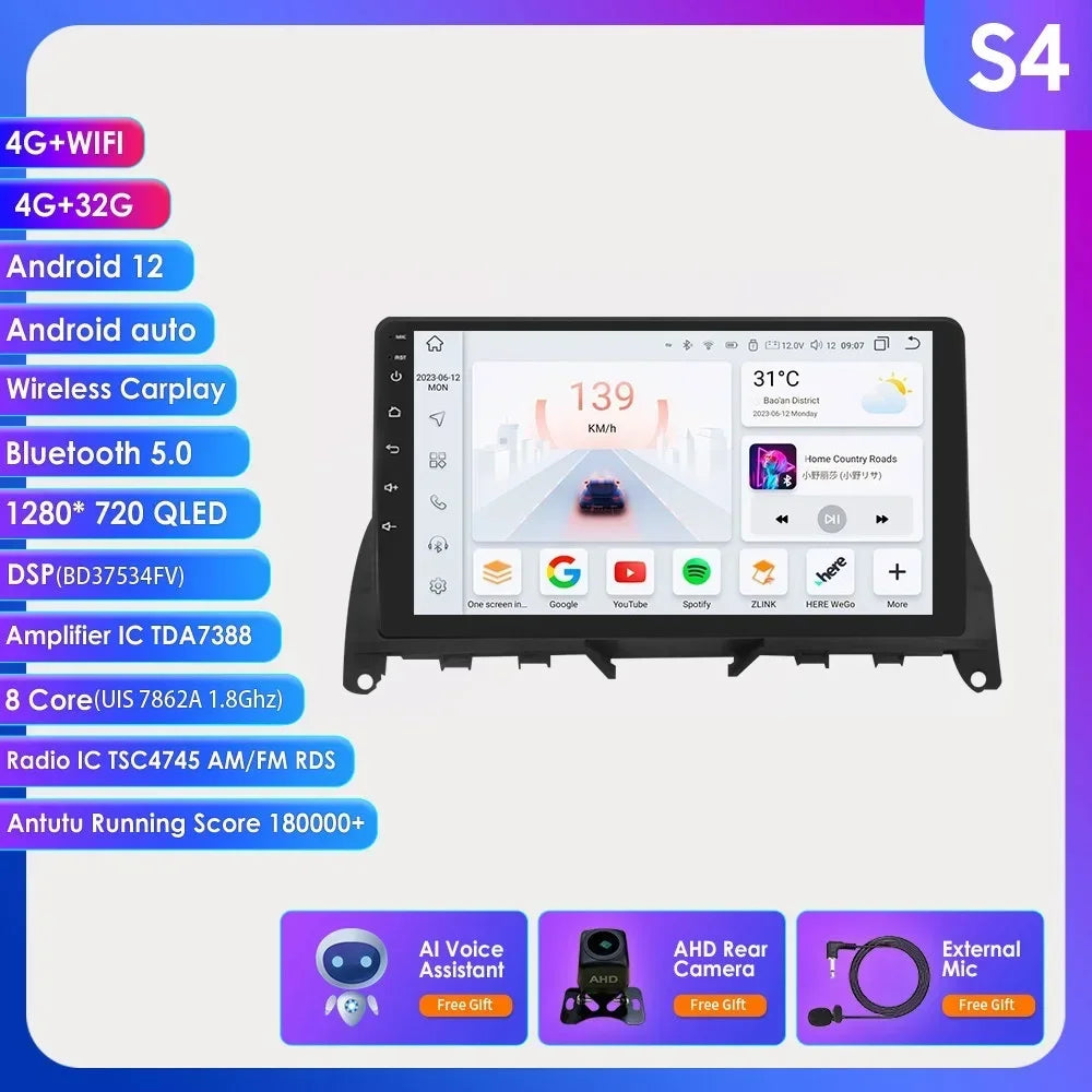 Autoradio 9" 2 Din Android 13 per Mercedes Benz Classe C W204 S204 2007-2010