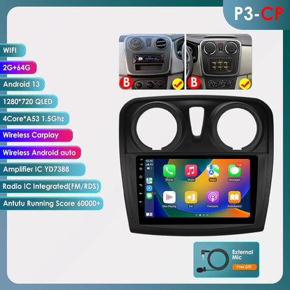 Autoradio 9" Android 13 for Dacia/Renault Logan 2 and Sandero 2012-2019, Multimedia GPS Stereo 4G, Carplay 2 Din