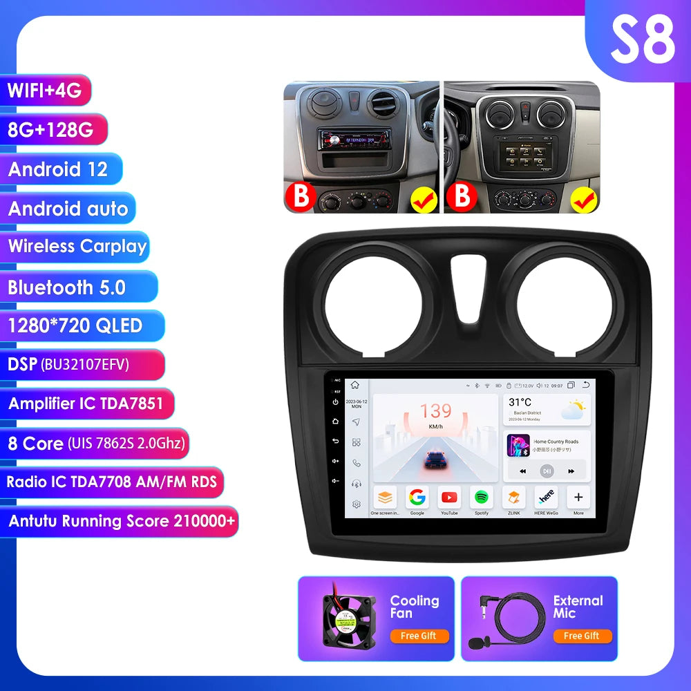 Autoradio 9" Android 13 for Dacia/Renault Logan 2 and Sandero 2012-2019, Multimedia GPS Stereo 4G, Carplay 2 Din