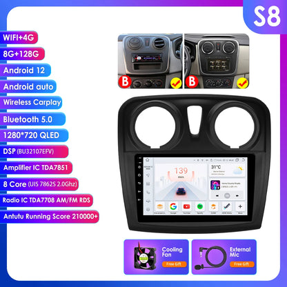 Autoradio 9" Android 13 for Dacia/Renault Logan 2 and Sandero 2012-2019, Multimedia GPS Stereo 4G, Carplay 2 Din