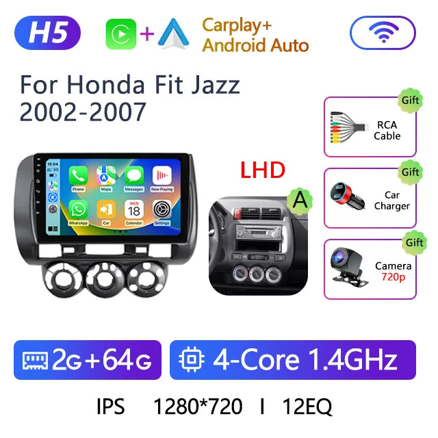 Stereo Honda Fit Jazz 2002 to 2007 9" Android 10.0, Double Din GPS