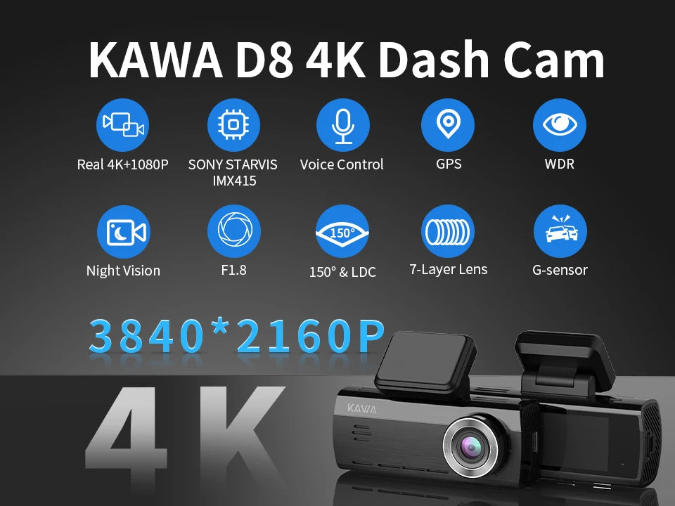Dashcam KAWA D8 4K con Dual-Cam y GPS, 3-5'' AutoRadioCanario