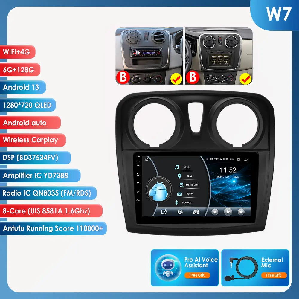 Autoradio 9" Android 13 for Dacia/Renault Logan 2 and Sandero 2012-2019, Multimedia GPS Stereo 4G, Carplay 2 Din