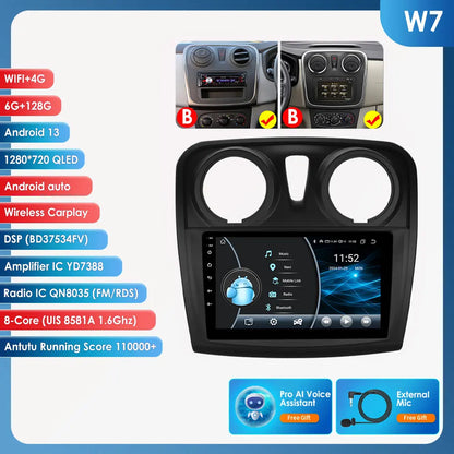 Autoradio 9" Android 13 for Dacia/Renault Logan 2 and Sandero 2012-2019, Multimedia GPS Stereo 4G, Carplay 2 Din